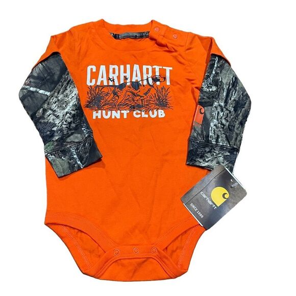 NWT Carhartt Hunt Club Camo Blaze Orange Graphic Onesie - Picture 1 of 3
